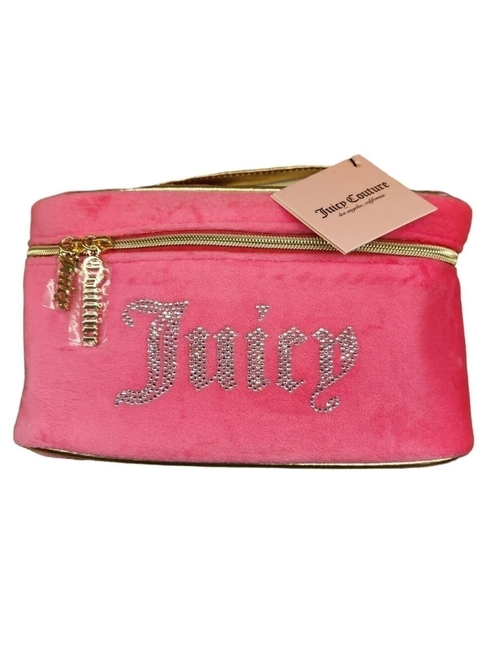 Juicy Couture Iconic Rhinestone Velour Travel Cosmetic Bag, Pink and Gold,  NWT